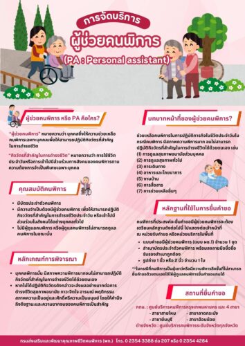 สิทธิเข้าถึงและใช้ประโยชน์ได้จากการสนับสนุนผู้ช่วยคนพิการ (PA : Personal assistant) ให้กับคนพิการที่มีความจำเป็นต้องมีผู้ช่วยคนพิการ คนพิการที่ไม่มีผู้ดูแลคนพิการ หรือผู้ดูแลคนพิการไม่สามารถดูแลได้ในขณะนั้น